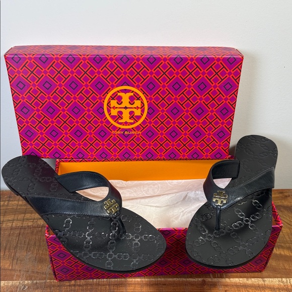 Tory Burch Shoes - Tory Burch Black Monroe Sandals with Gold Logo, Women’s 8.5